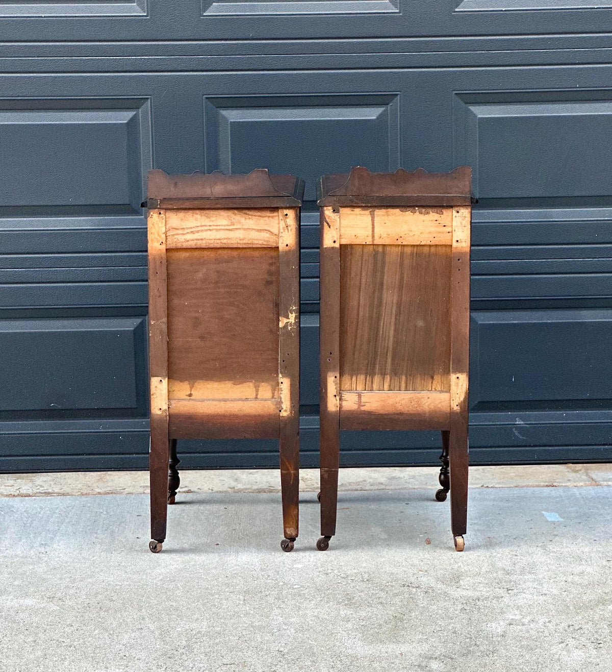 Antique 1920s Mahogany Wood Three Drawer Narrow Ring Pull Nightstands on Casters 14" Wide - a Pair