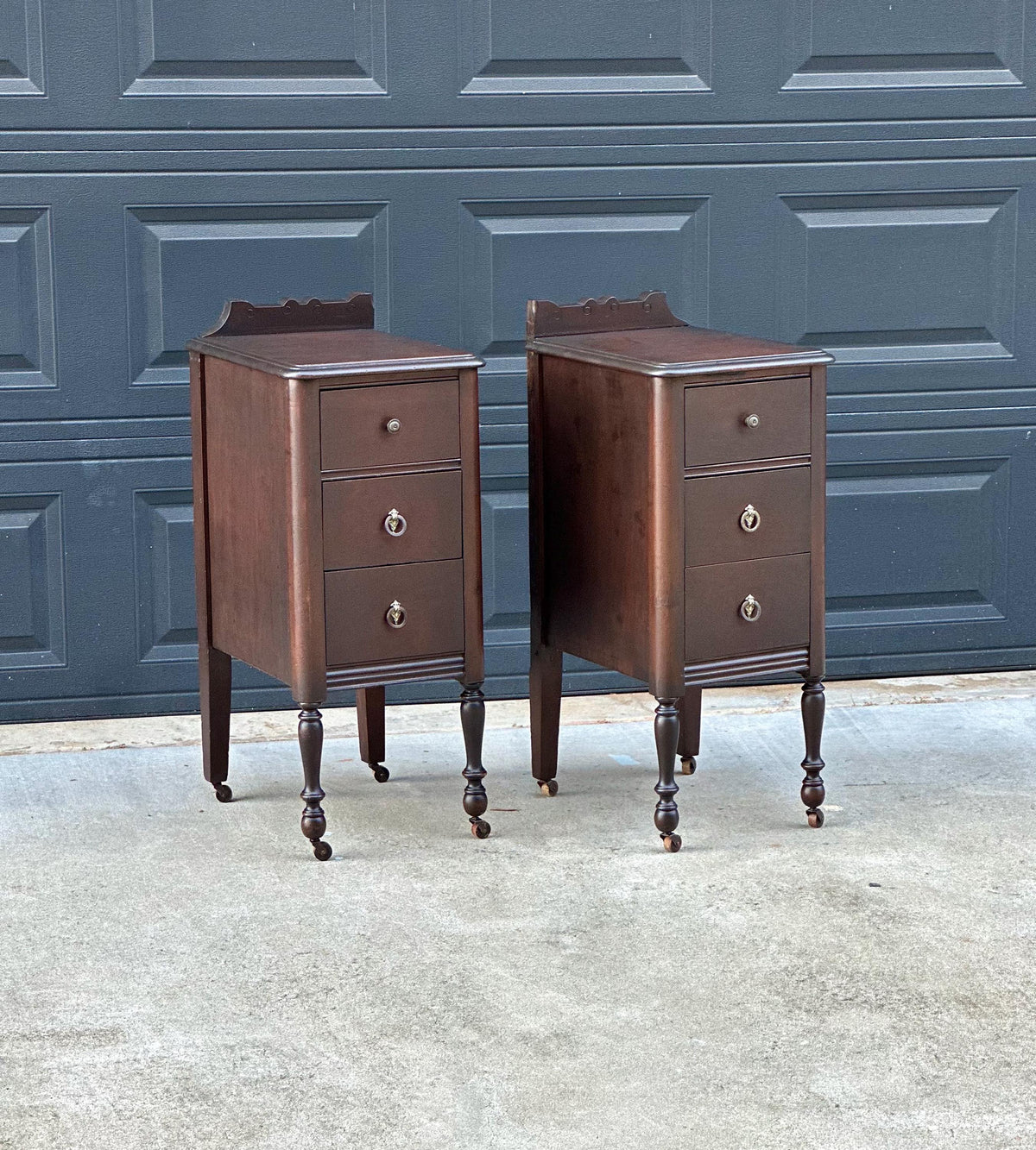 Antique 1920s Mahogany Wood Three Drawer Narrow Ring Pull Nightstands on Casters 14" Wide - a Pair
