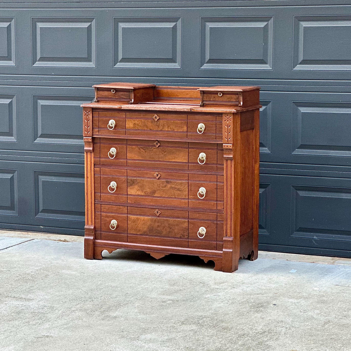 Antique 1870s Burl Walnut & Marble Top Ring Pull Eastlake Chest of Drawers Accent Dresser 40" Wide