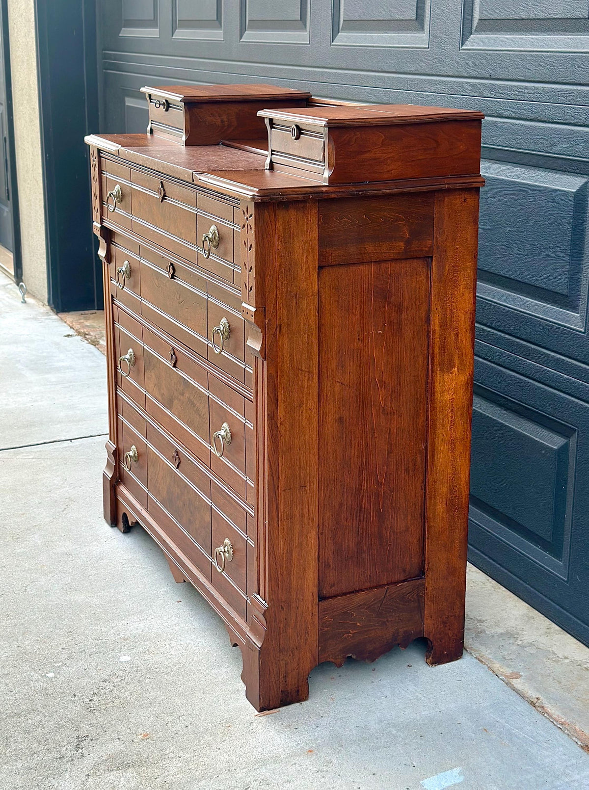 Antique 1870s Burl Walnut & Marble Top Ring Pull Eastlake Chest of Drawers Accent Dresser 40" Wide