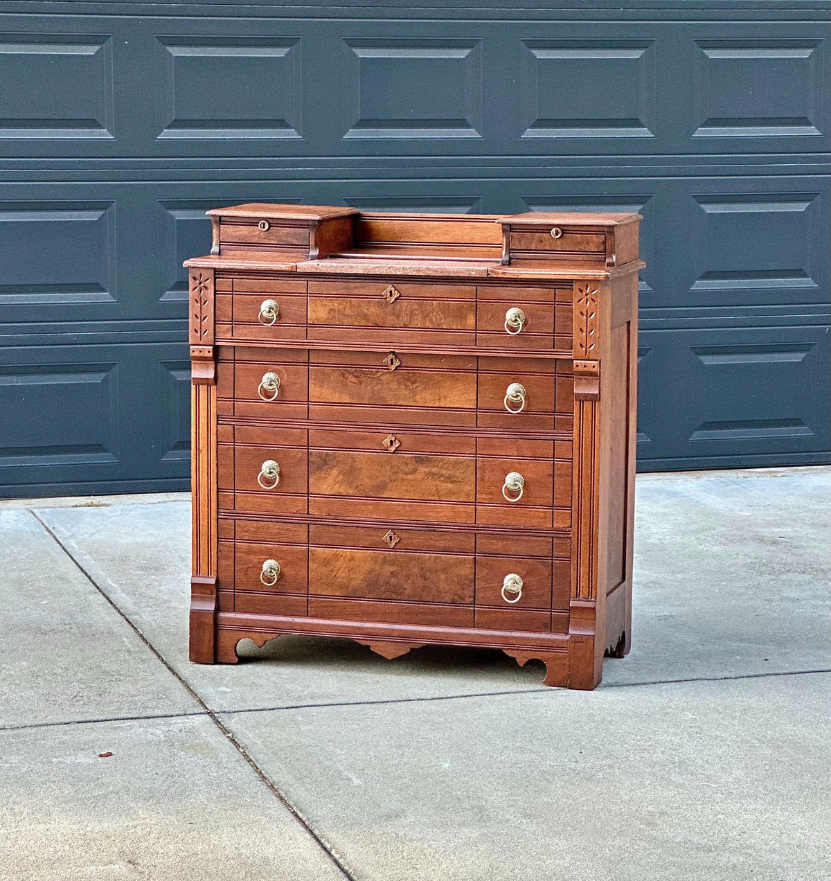 Antique 1870s Burl Walnut & Marble Top Ring Pull Eastlake Chest of Drawers Accent Dresser 40" Wide