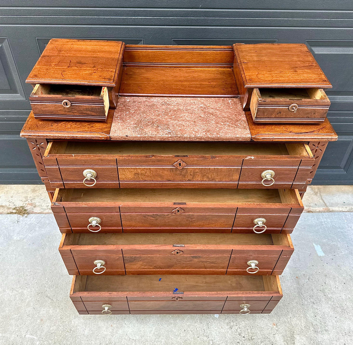 Antique 1870s Burl Walnut & Marble Top Ring Pull Eastlake Chest of Drawers Accent Dresser 40" Wide