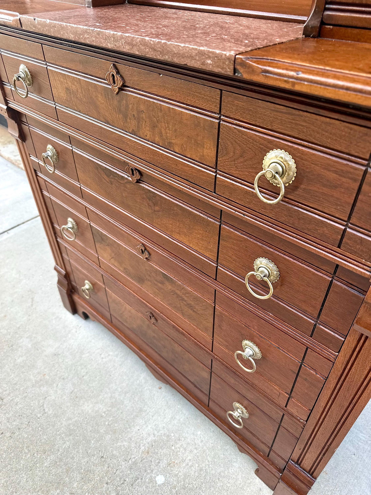 Antique 1870s Burl Walnut & Marble Top Ring Pull Eastlake Chest of Drawers Accent Dresser 40" Wide