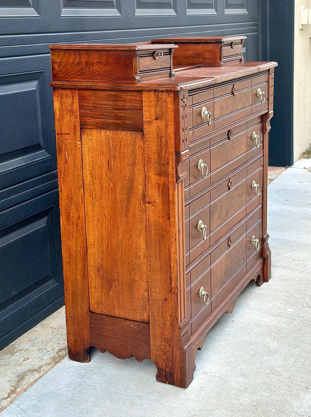 Antique 1870s Burl Walnut & Marble Top Ring Pull Eastlake Chest of Drawers Accent Dresser 40" Wide