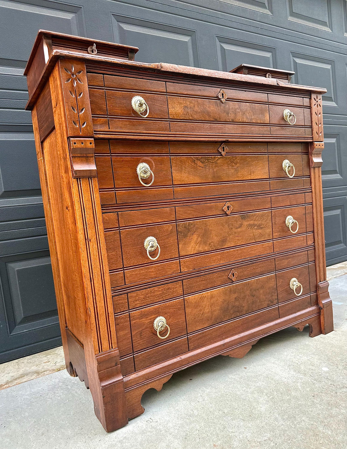 Antique 1870s Burl Walnut & Marble Top Ring Pull Eastlake Chest of Drawers Accent Dresser 40" Wide