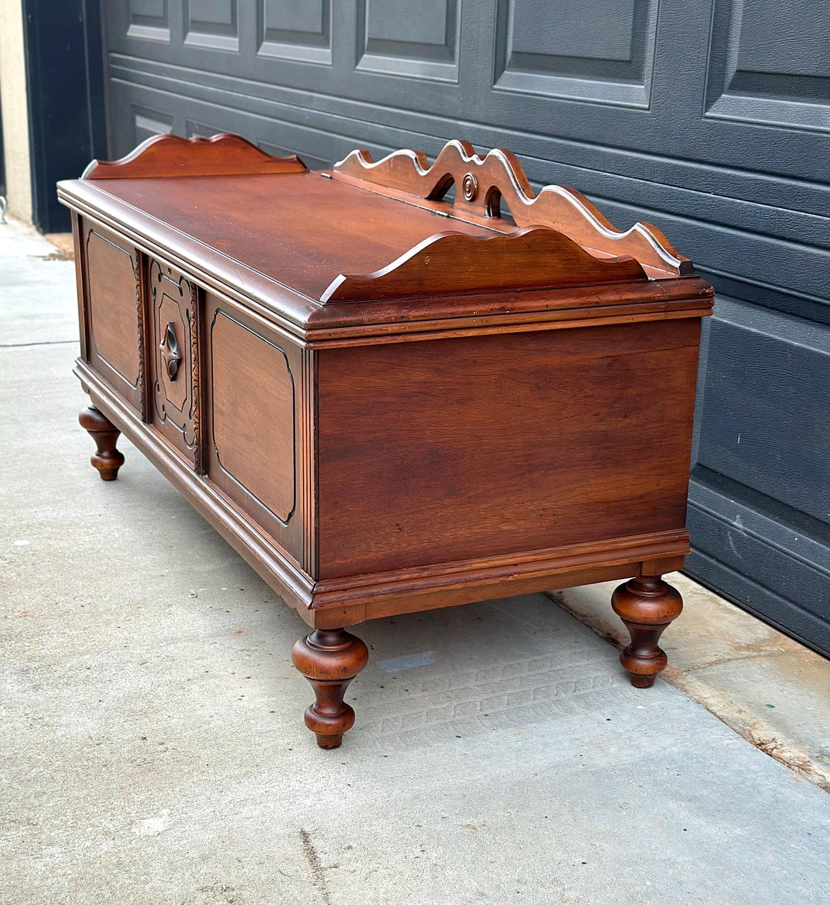 Antique Early 20th Century West Branch Cedar Trunk Lift Top Storage Entry Bench | Raised Wood Chest 45" Wide