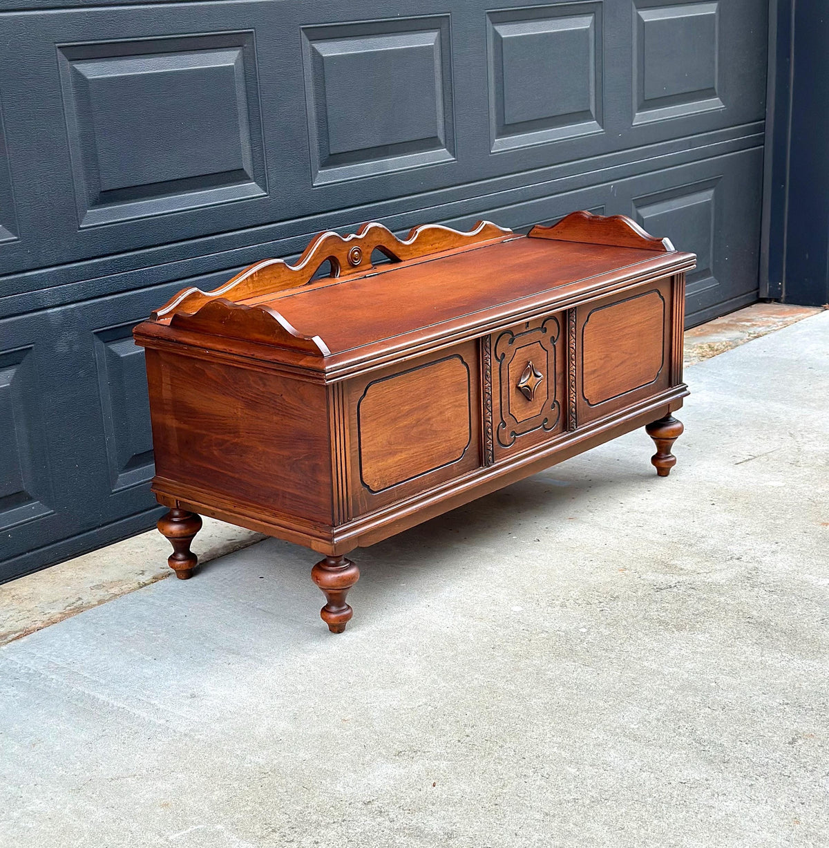 Antique Early 20th Century West Branch Cedar Trunk Lift Top Storage Entry Bench | Raised Wood Chest 45" Wide