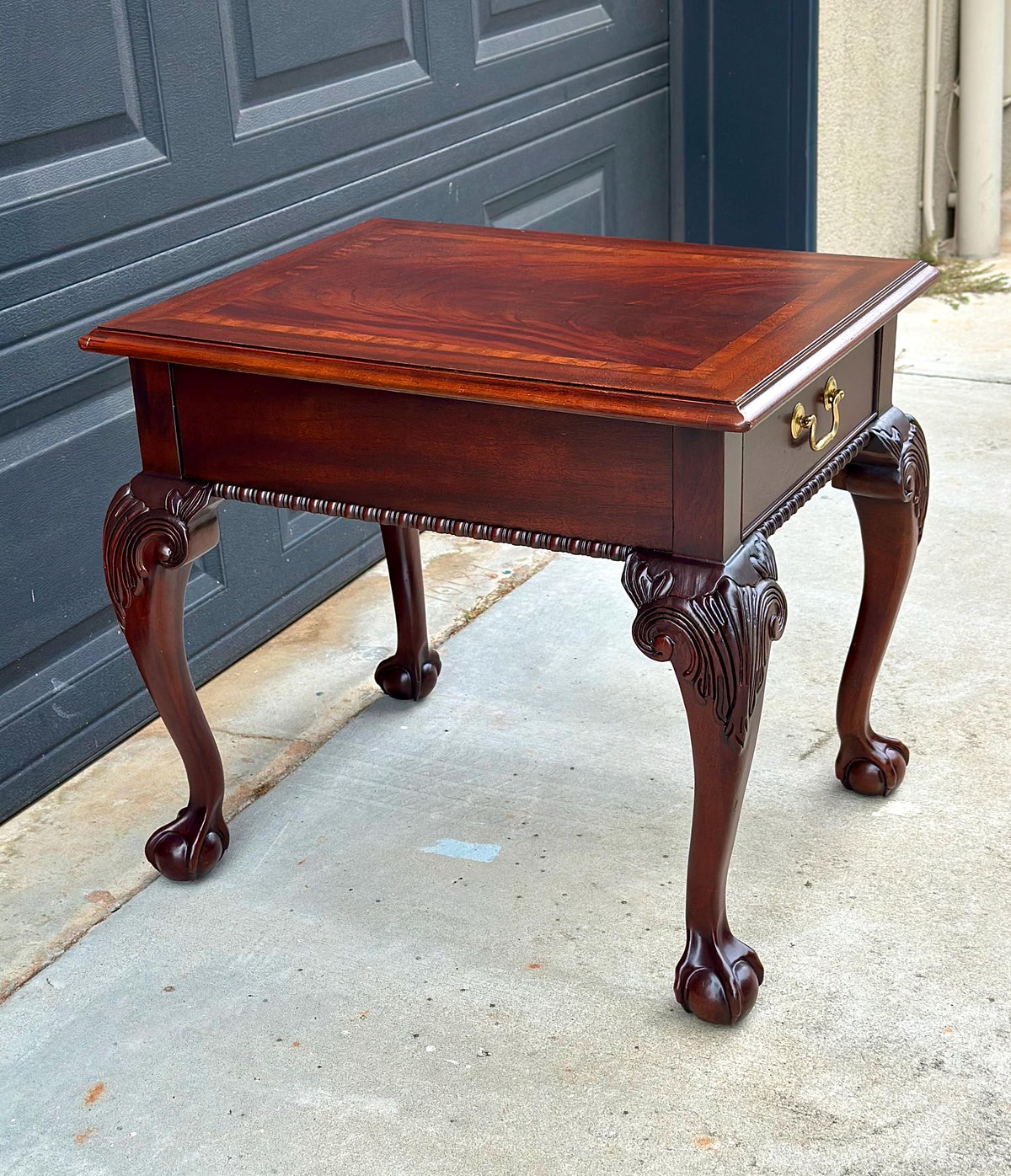 Vintage Late 20th Century Banded Mahogany Wood Chippendale Side Table