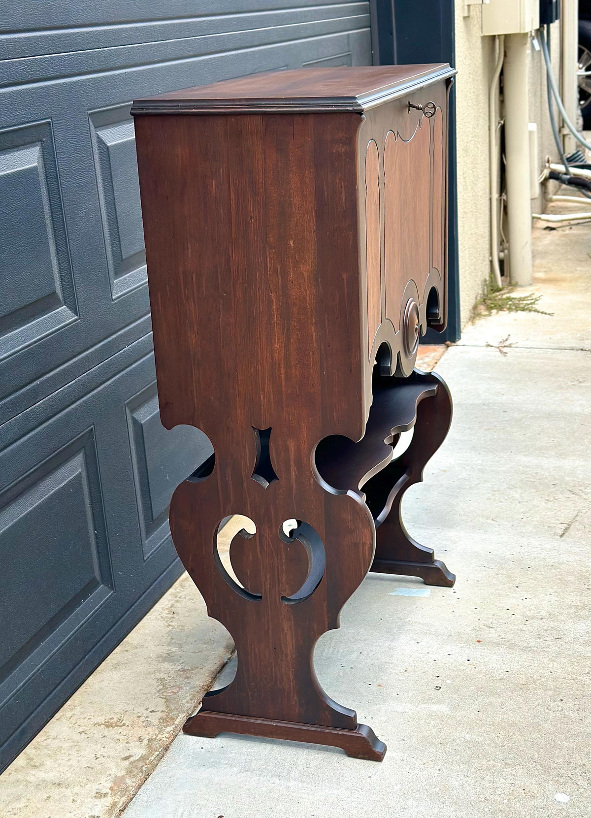 Antique Early 20th Century Secretary Desk with Skeleton Key | Illuminated Drop Front Two Tone Walnut Writing Cabinet & Bookshelf 26.5" Wide
