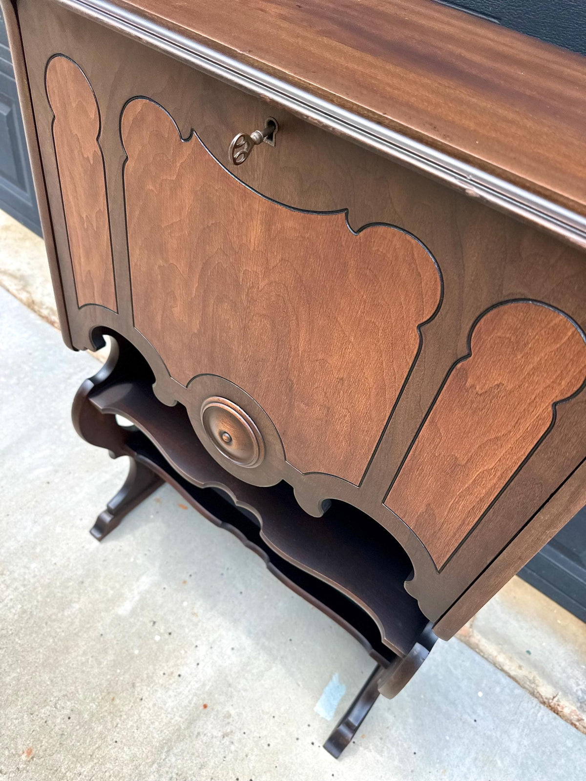 Antique Early 20th Century Secretary Desk with Skeleton Key | Illuminated Drop Front Two Tone Walnut Writing Cabinet & Bookshelf 26.5" Wide