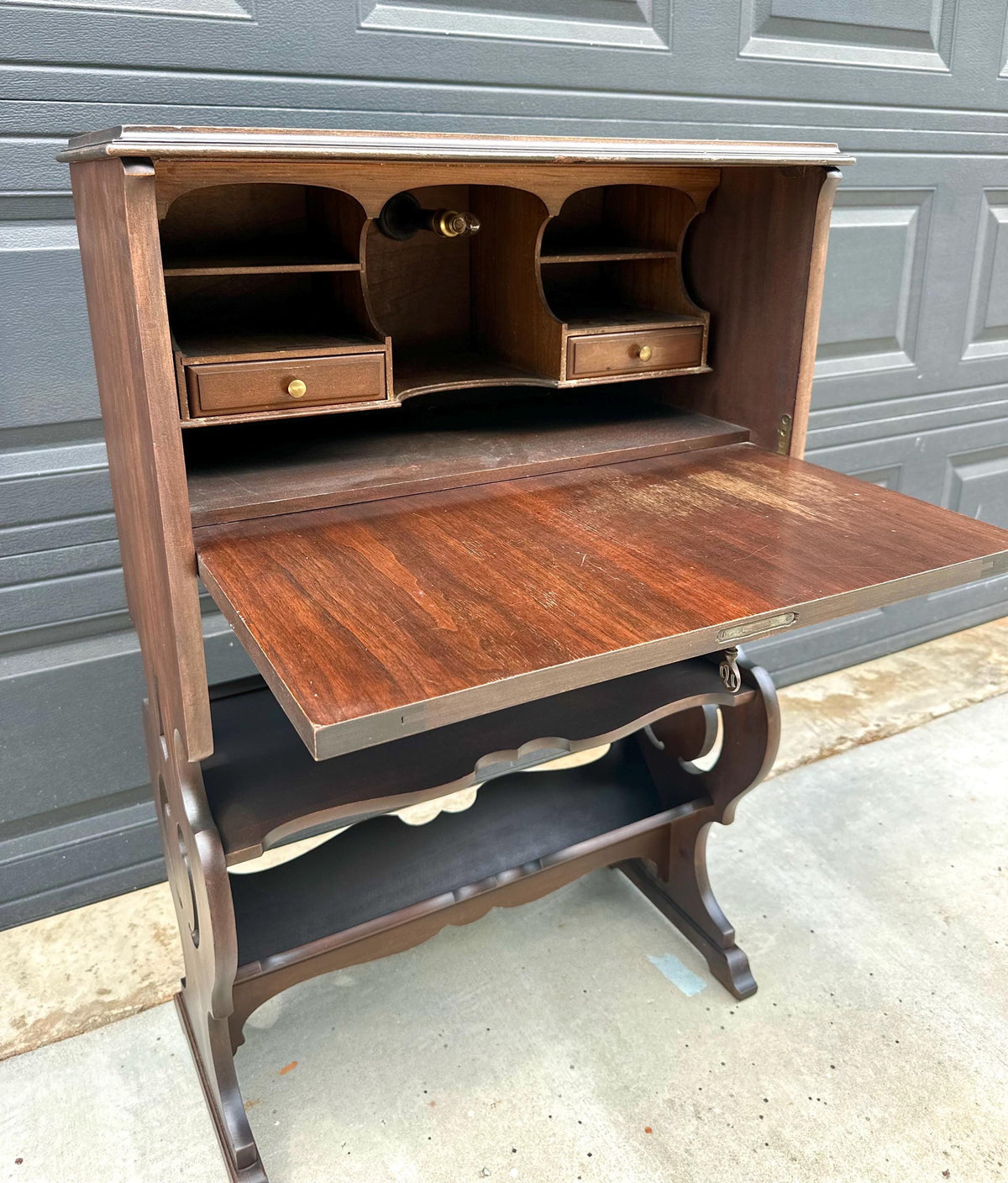 Antique Early 20th Century Secretary Desk with Skeleton Key | Illuminated Drop Front Two Tone Walnut Writing Cabinet & Bookshelf 26.5" Wide