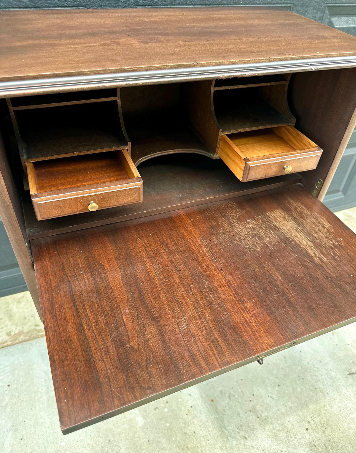 Antique Early 20th Century Secretary Desk with Skeleton Key | Illuminated Drop Front Two Tone Walnut Writing Cabinet & Bookshelf 26.5" Wide