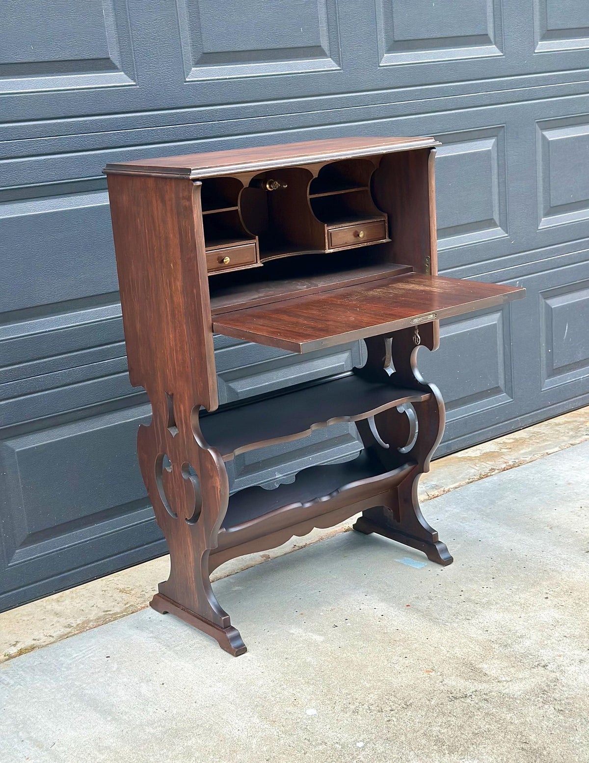 Antique Early 20th Century Secretary Desk with Skeleton Key | Illuminated Drop Front Two Tone Walnut Writing Cabinet & Bookshelf 26.5" Wide