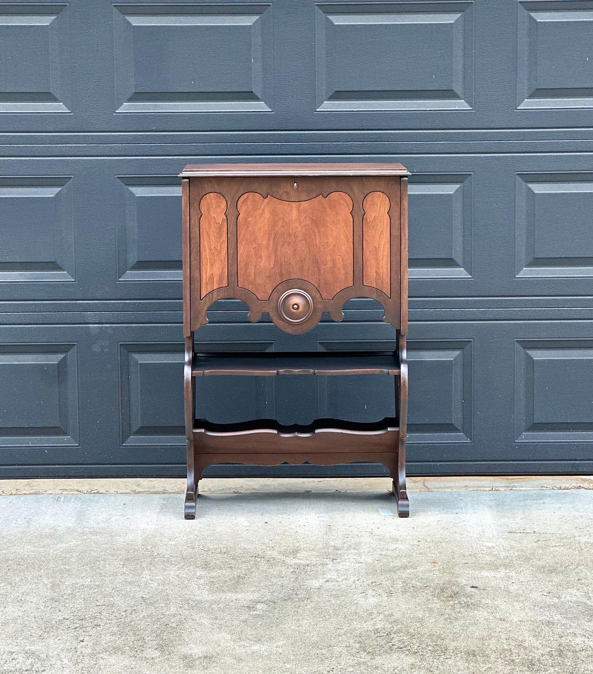 Antique Early 20th Century Secretary Desk with Skeleton Key | Illuminated Drop Front Two Tone Walnut Writing Cabinet & Bookshelf 26.5" Wide