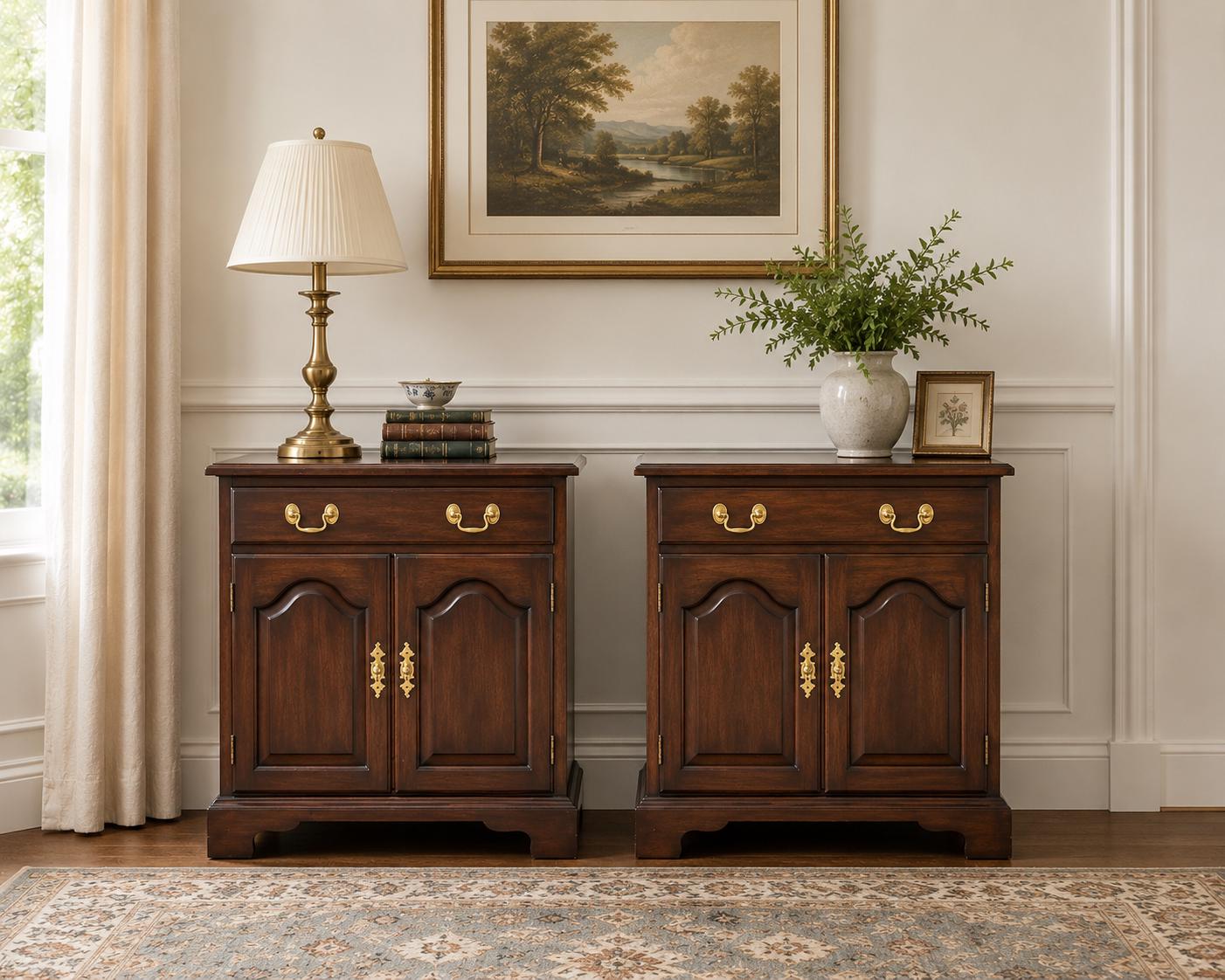 Vintage Late 20th Century Henkel Harris Solid Wood Cabinet Nightstands with Drawer – a Pair