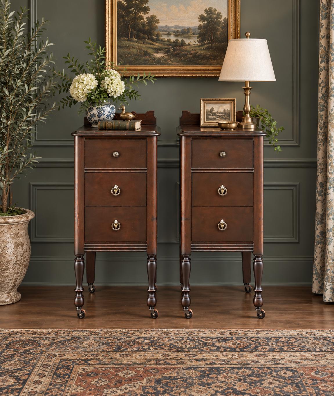 Antique 1920s Mahogany Wood Three Drawer Narrow Ring Pull Nightstands on Casters 14" Wide - a Pair