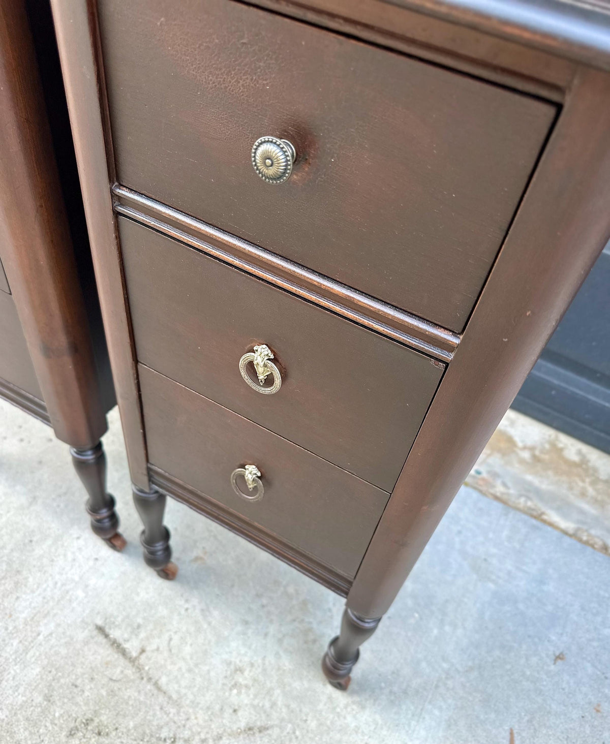 Antique 1920s Mahogany Wood Three Drawer Narrow Ring Pull Nightstands on Casters 14" Wide - a Pair