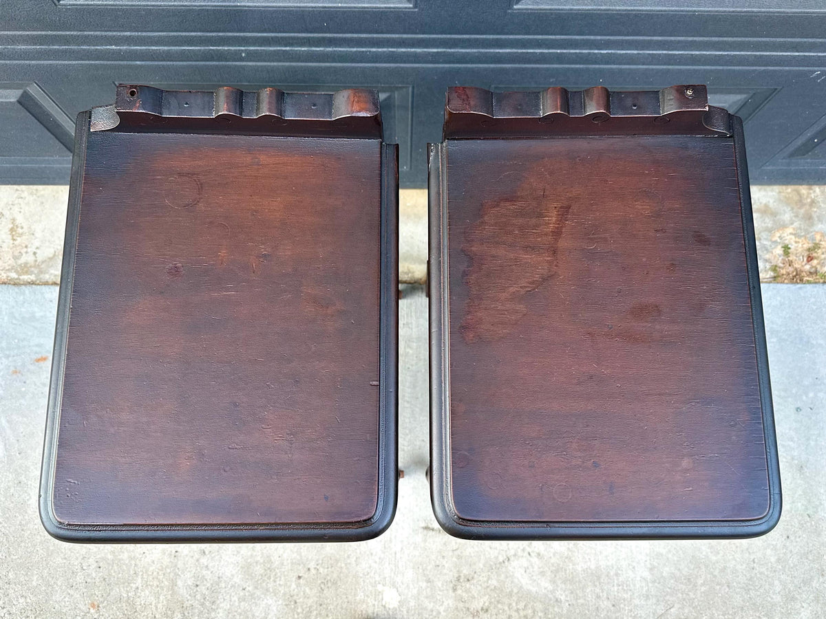 Antique 1920s Mahogany Wood Three Drawer Narrow Ring Pull Nightstands on Casters 14" Wide - a Pair