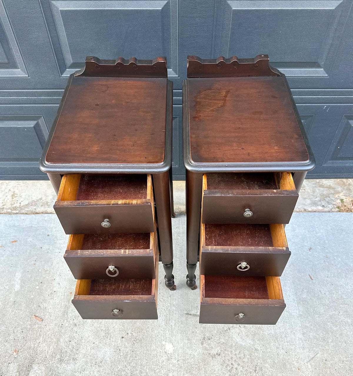 Antique 1920s Mahogany Wood Three Drawer Narrow Ring Pull Nightstands on Casters 14" Wide - a Pair
