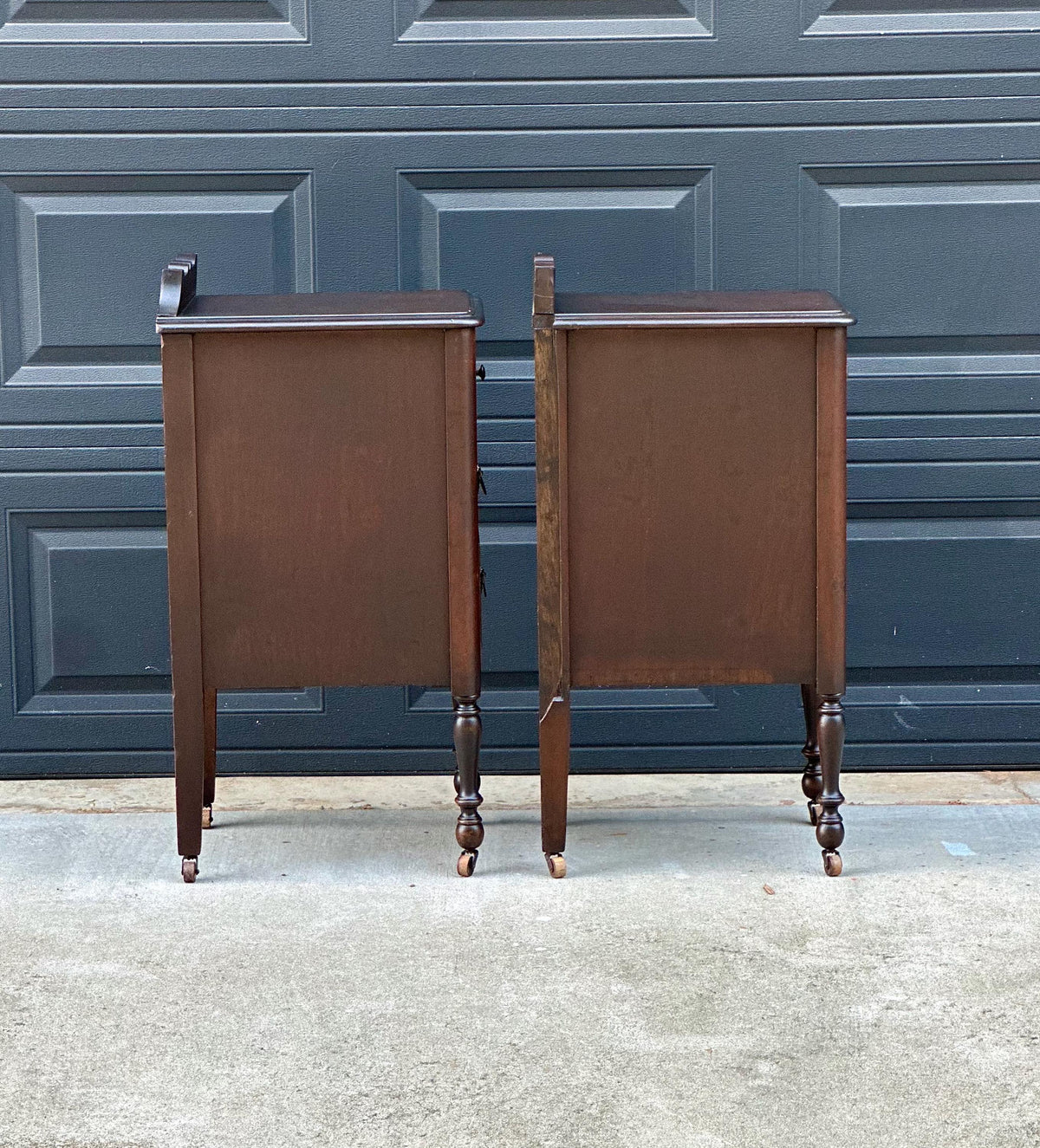 Antique 1920s Mahogany Wood Three Drawer Narrow Ring Pull Nightstands on Casters 14" Wide - a Pair