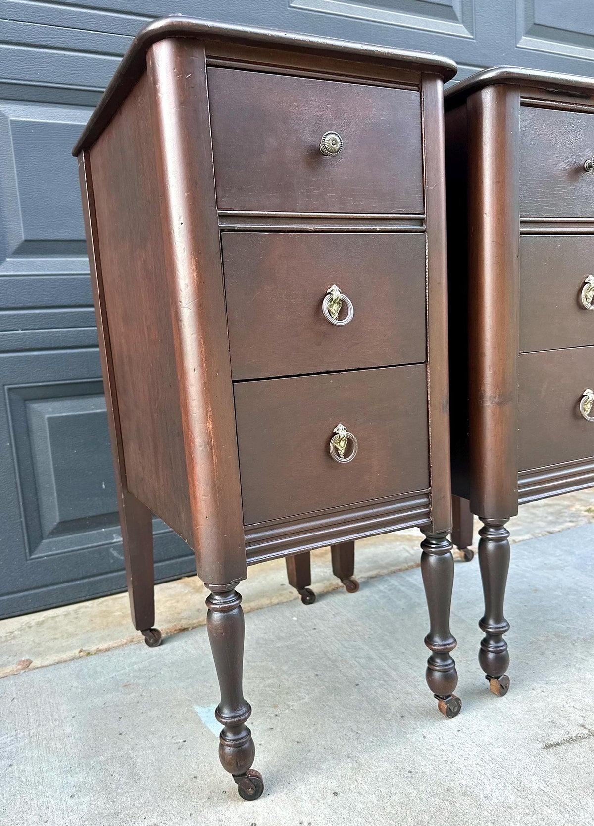 Antique 1920s Mahogany Wood Three Drawer Narrow Ring Pull Nightstands on Casters 14" Wide - a Pair