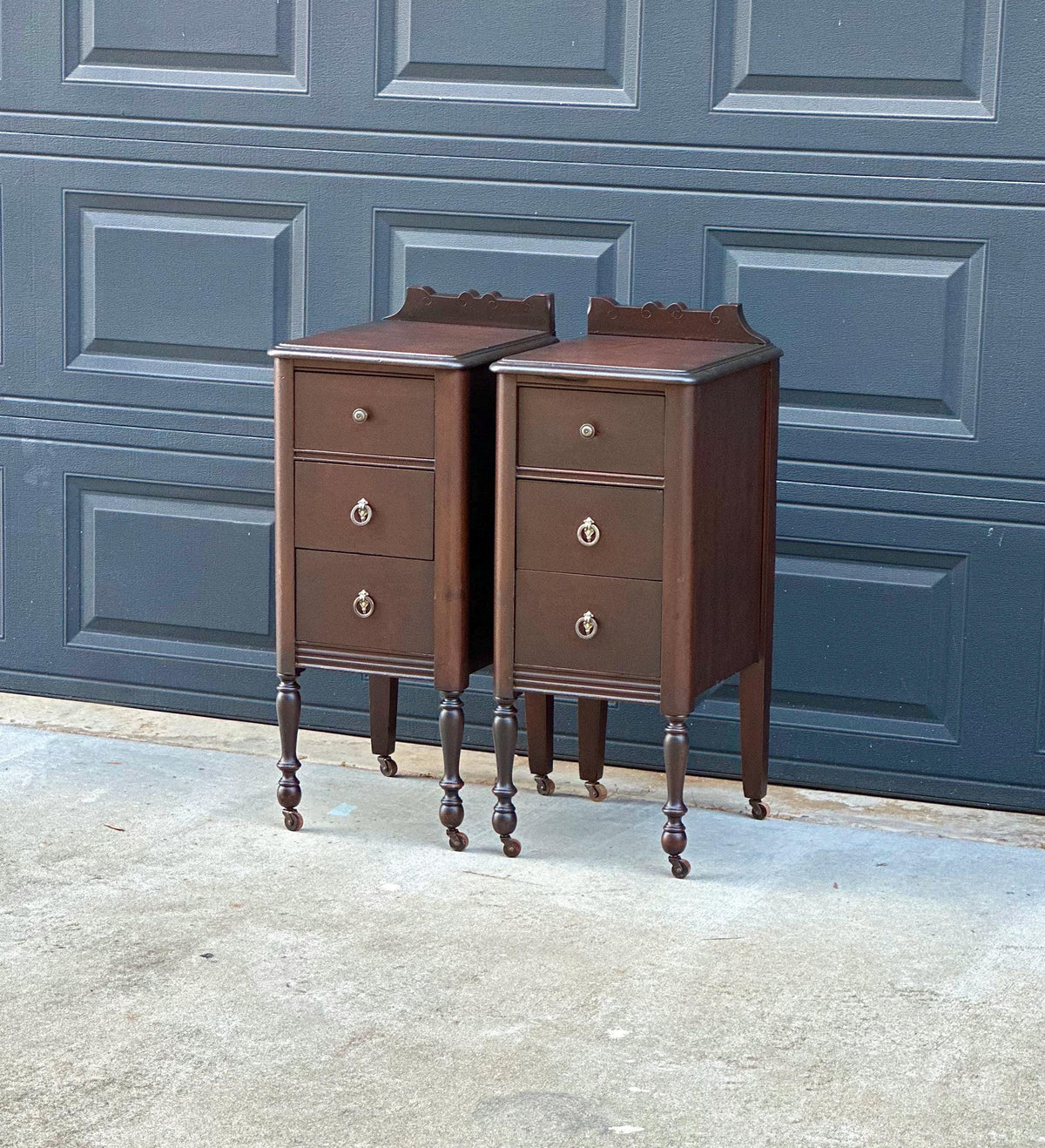 Antique 1920s Mahogany Wood Three Drawer Narrow Ring Pull Nightstands on Casters 14" Wide - a Pair