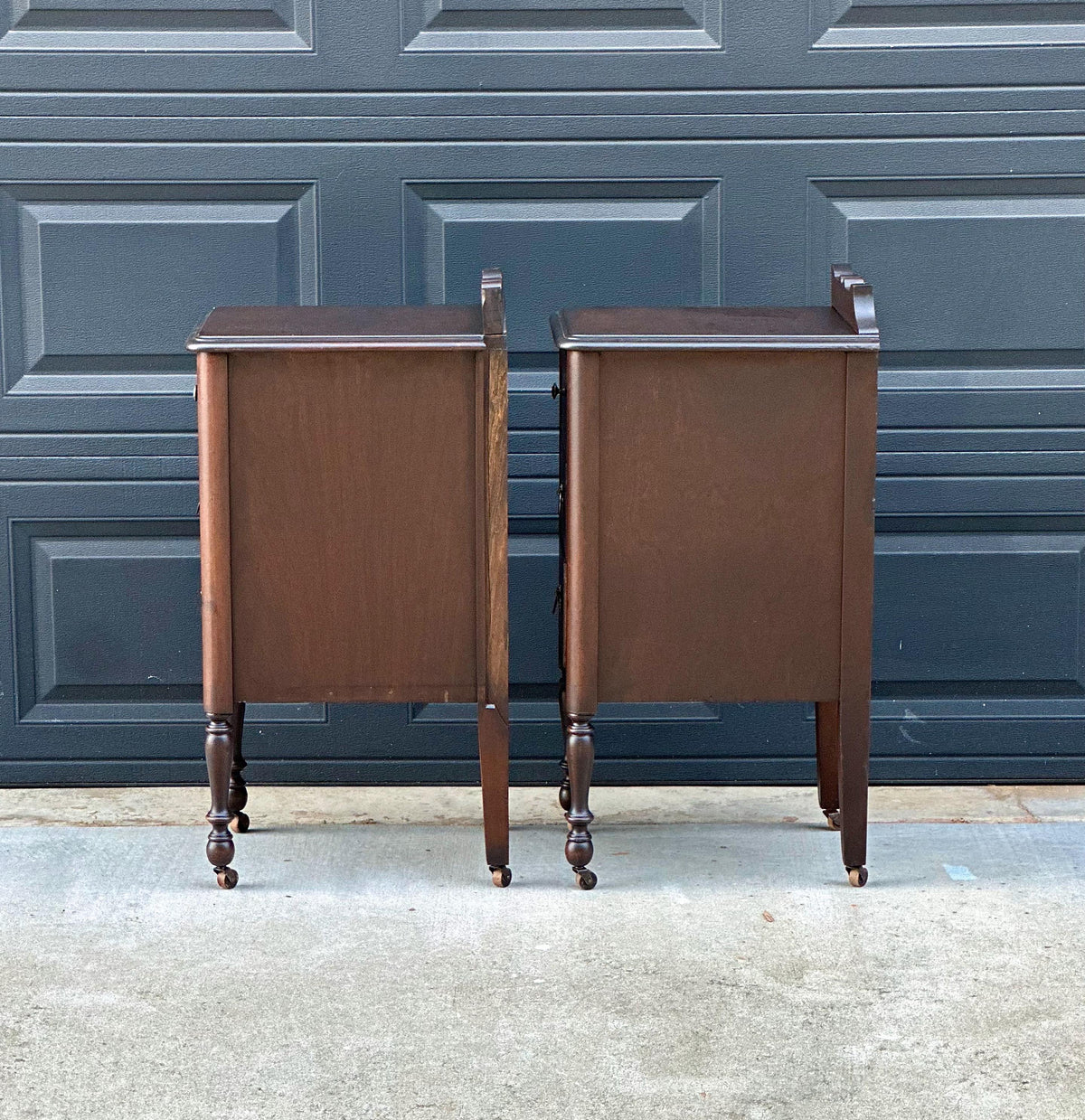 Antique 1920s Mahogany Wood Three Drawer Narrow Ring Pull Nightstands on Casters 14" Wide - a Pair