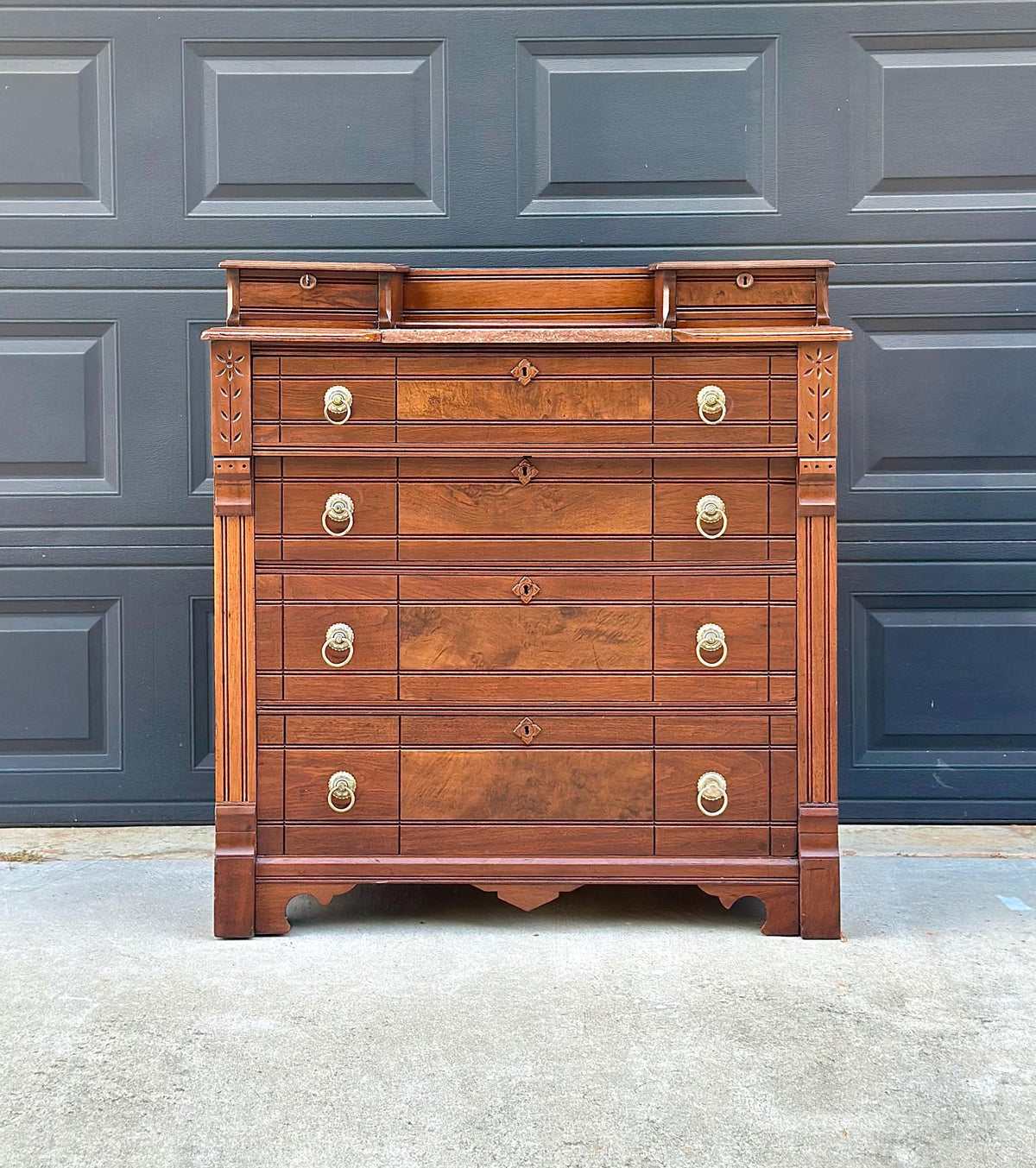 Antique 1870s Burl Walnut & Marble Top Ring Pull Eastlake Chest of Drawers Accent Dresser 40" Wide