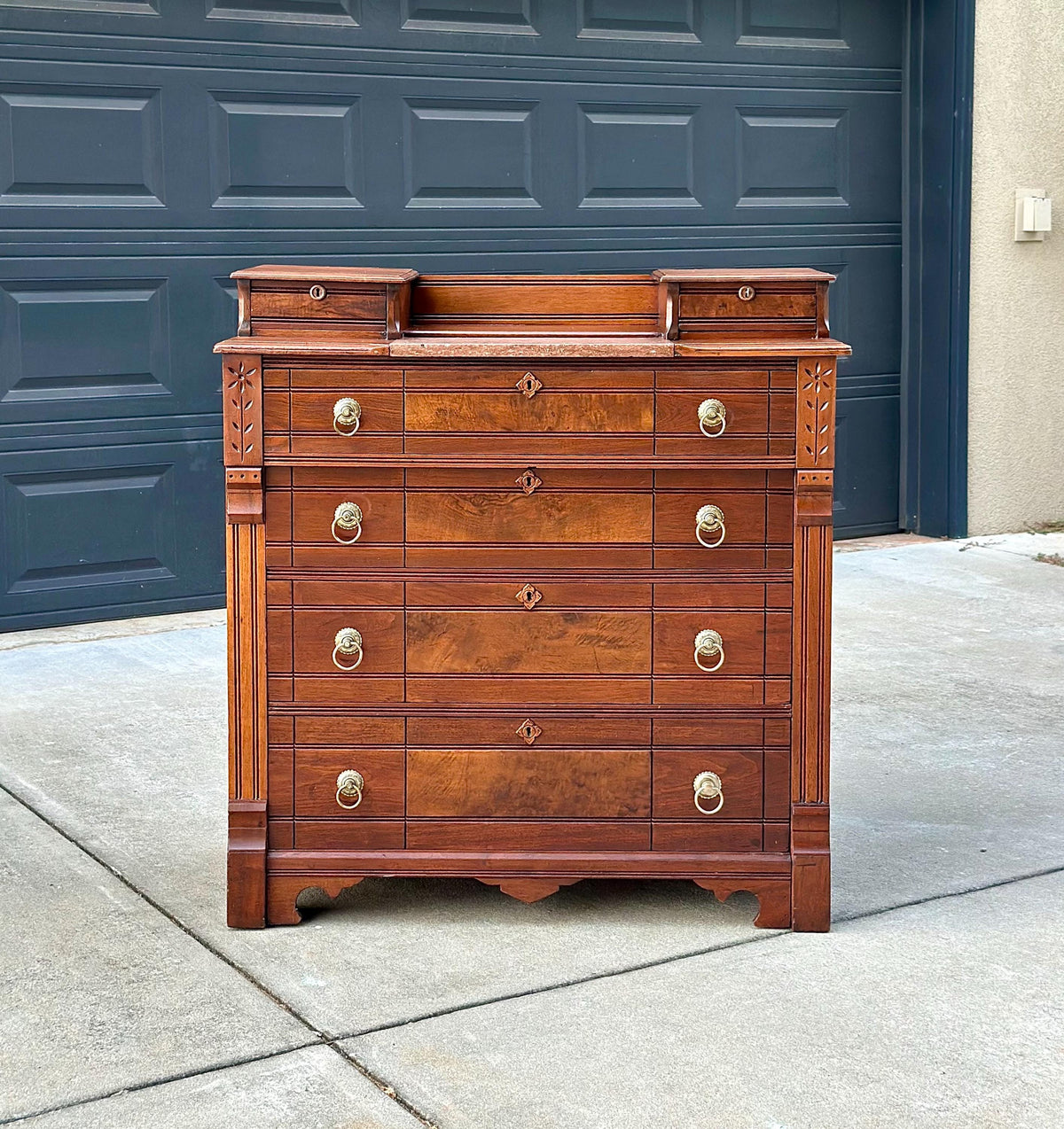 Antique 1870s Burl Walnut & Marble Top Ring Pull Eastlake Chest of Drawers Accent Dresser 40" Wide