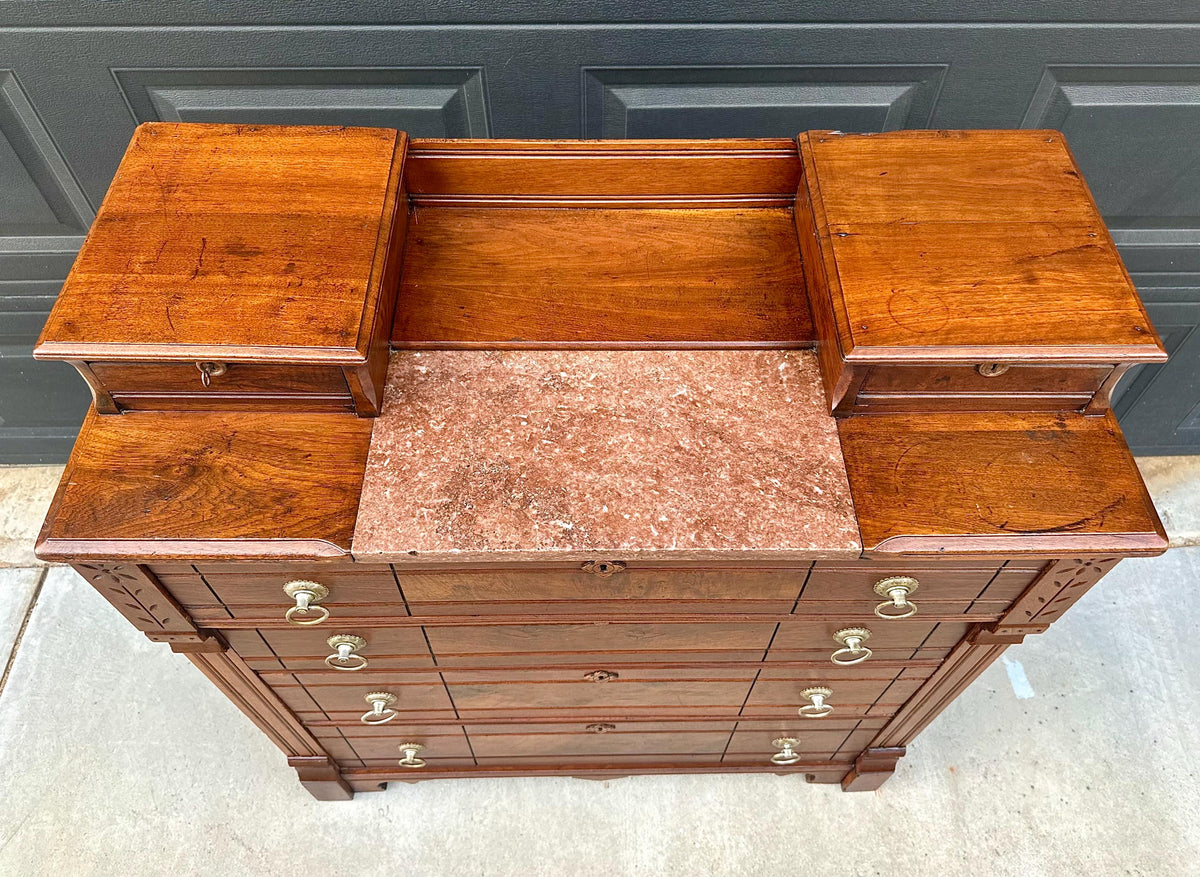 Antique 1870s Burl Walnut & Marble Top Ring Pull Eastlake Chest of Drawers Accent Dresser 40" Wide