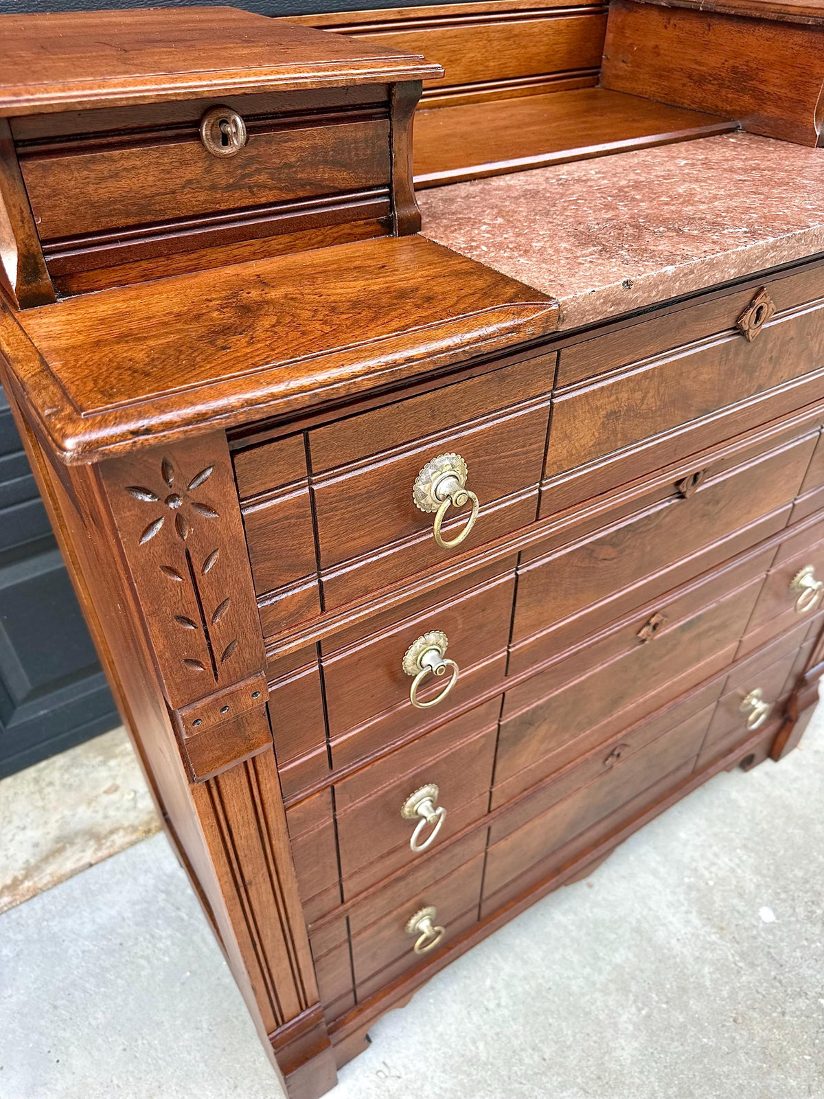 Antique 1870s Burl Walnut & Marble Top Ring Pull Eastlake Chest of Drawers Accent Dresser 40" Wide