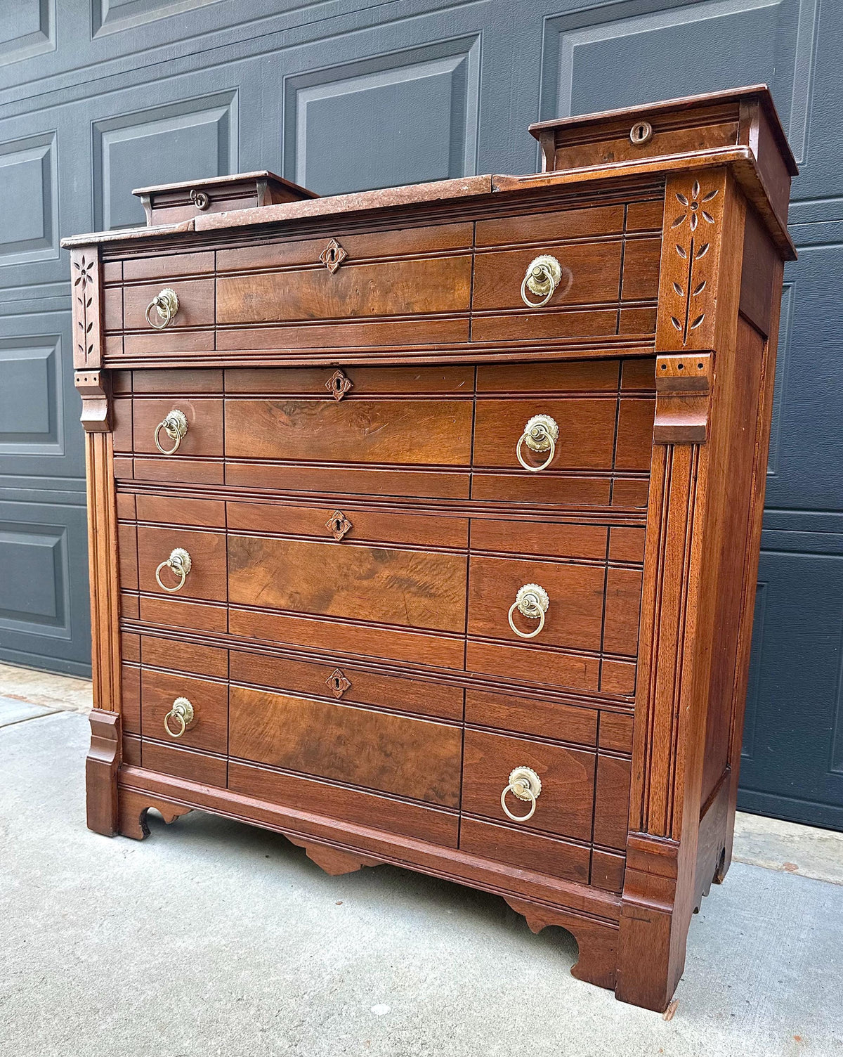 Antique 1870s Burl Walnut & Marble Top Ring Pull Eastlake Chest of Drawers Accent Dresser 40" Wide