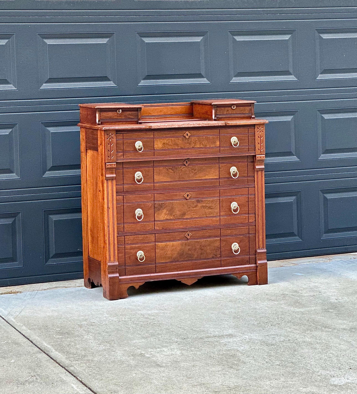 Antique 1870s Burl Walnut & Marble Top Ring Pull Eastlake Chest of Drawers Accent Dresser 40" Wide