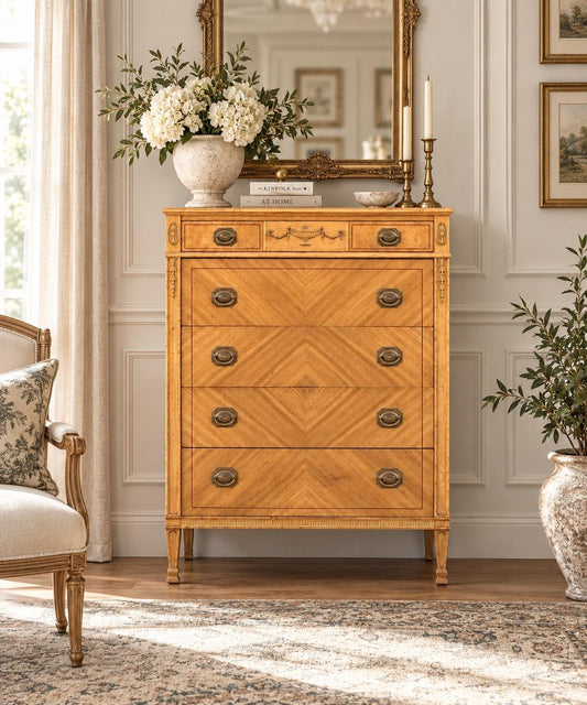 Antique Early 20th C Diamond Veneer Beige Mahogany Tall Estey Chest of Drawers 34" Wide