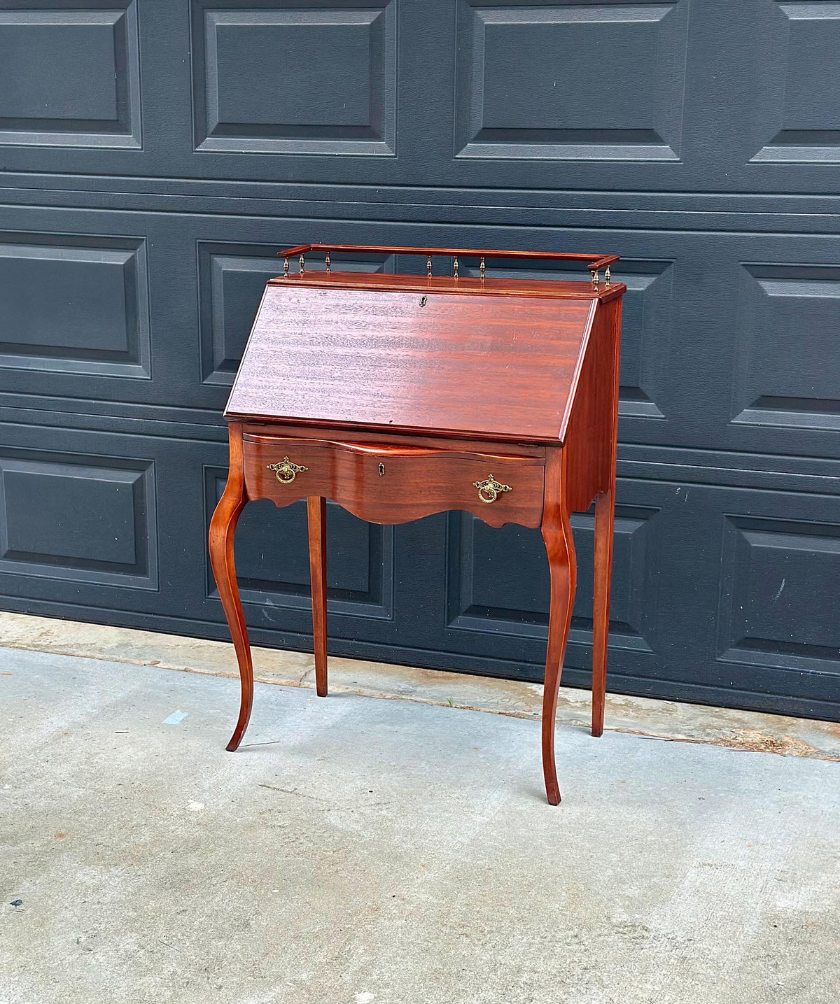 Antique Early 20th C Edwardian Mahogany Serpentine Secretary Desk with Drawer 29.75" Wide