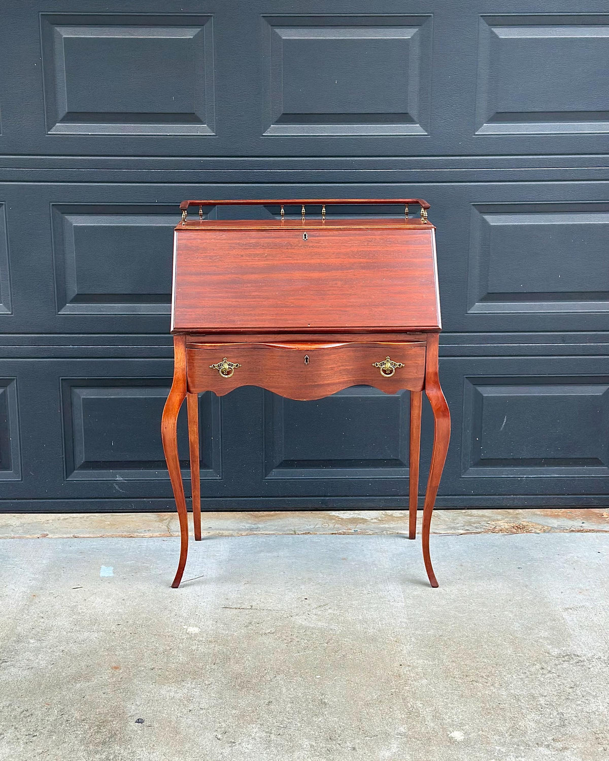 Antique Early 20th C Edwardian Mahogany Serpentine Secretary Desk with Drawer 29.75" Wide