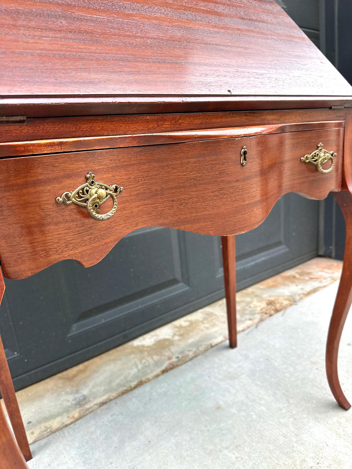 Antique Early 20th C Edwardian Mahogany Serpentine Secretary Desk with Drawer 29.75" Wide