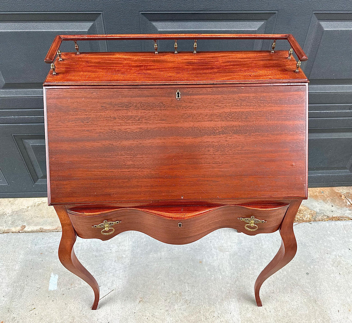Antique Early 20th C Edwardian Mahogany Serpentine Secretary Desk with Drawer 29.75" Wide