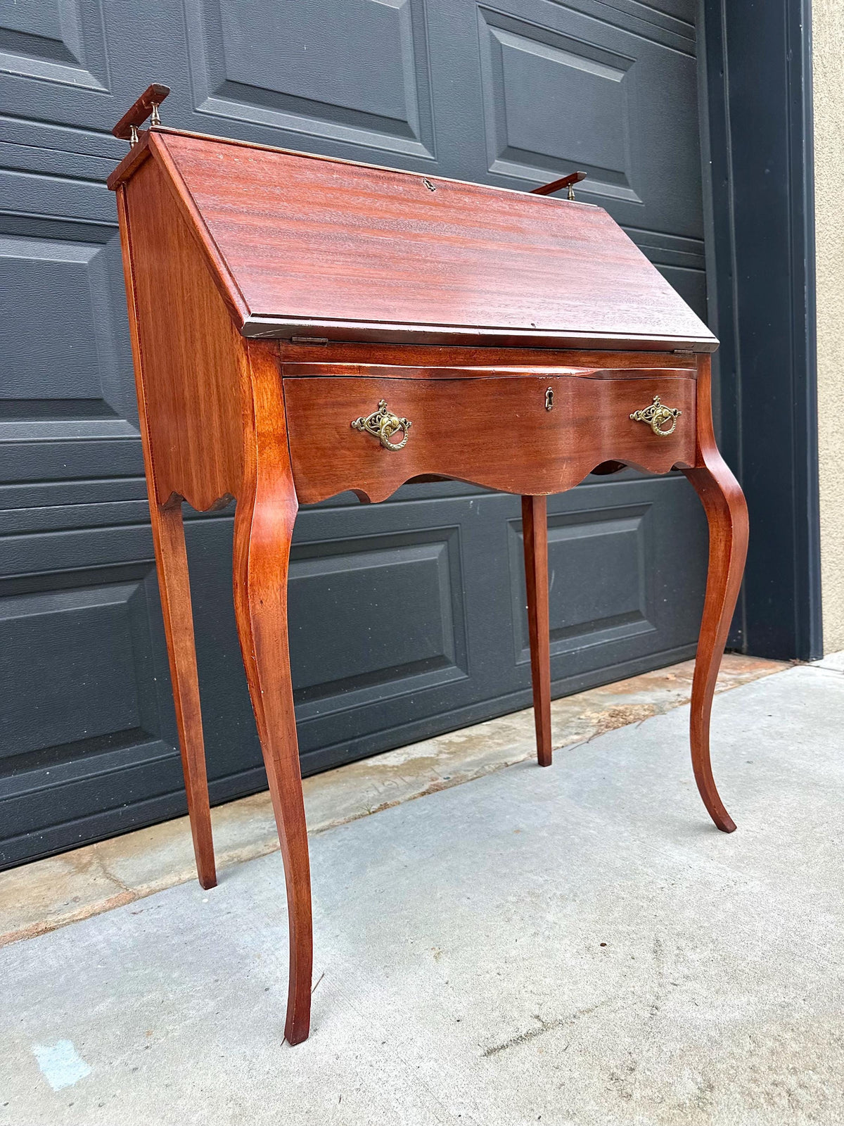 Antique Early 20th C Edwardian Mahogany Serpentine Secretary Desk with Drawer 29.75" Wide
