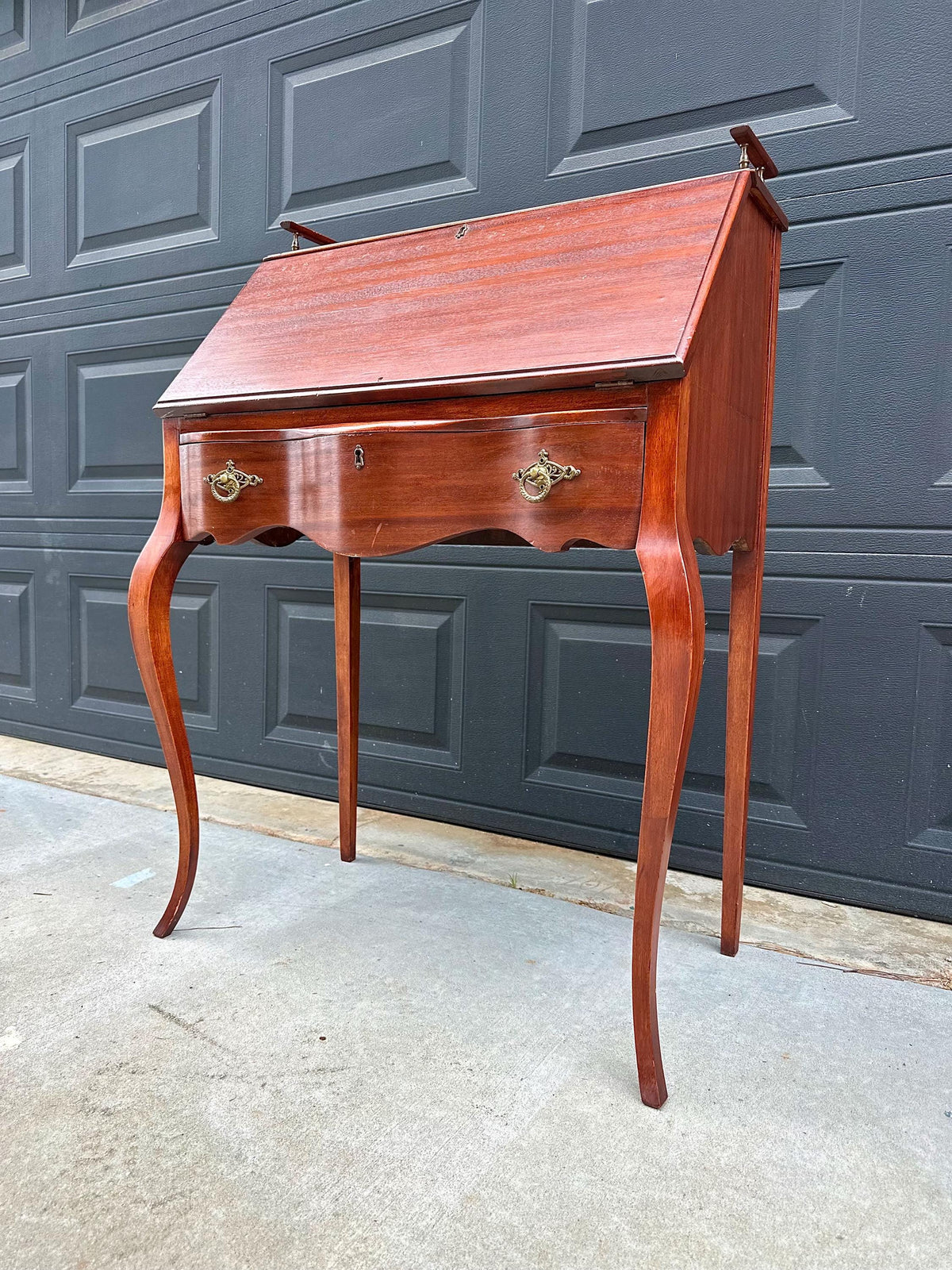 Antique Early 20th C Edwardian Mahogany Serpentine Secretary Desk with Drawer 29.75" Wide