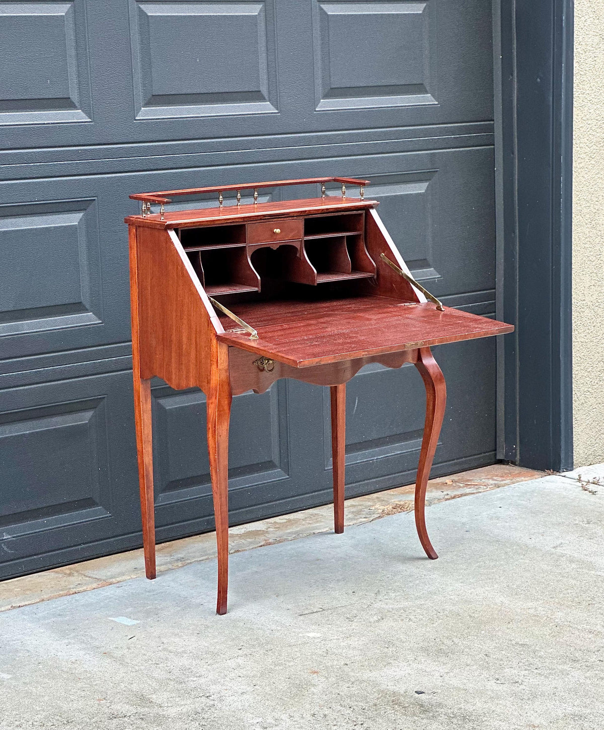 Antique Early 20th C Edwardian Mahogany Serpentine Secretary Desk with Drawer 29.75" Wide