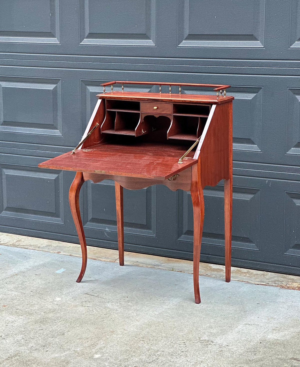 Antique Early 20th C Edwardian Mahogany Serpentine Secretary Desk with Drawer 29.75" Wide