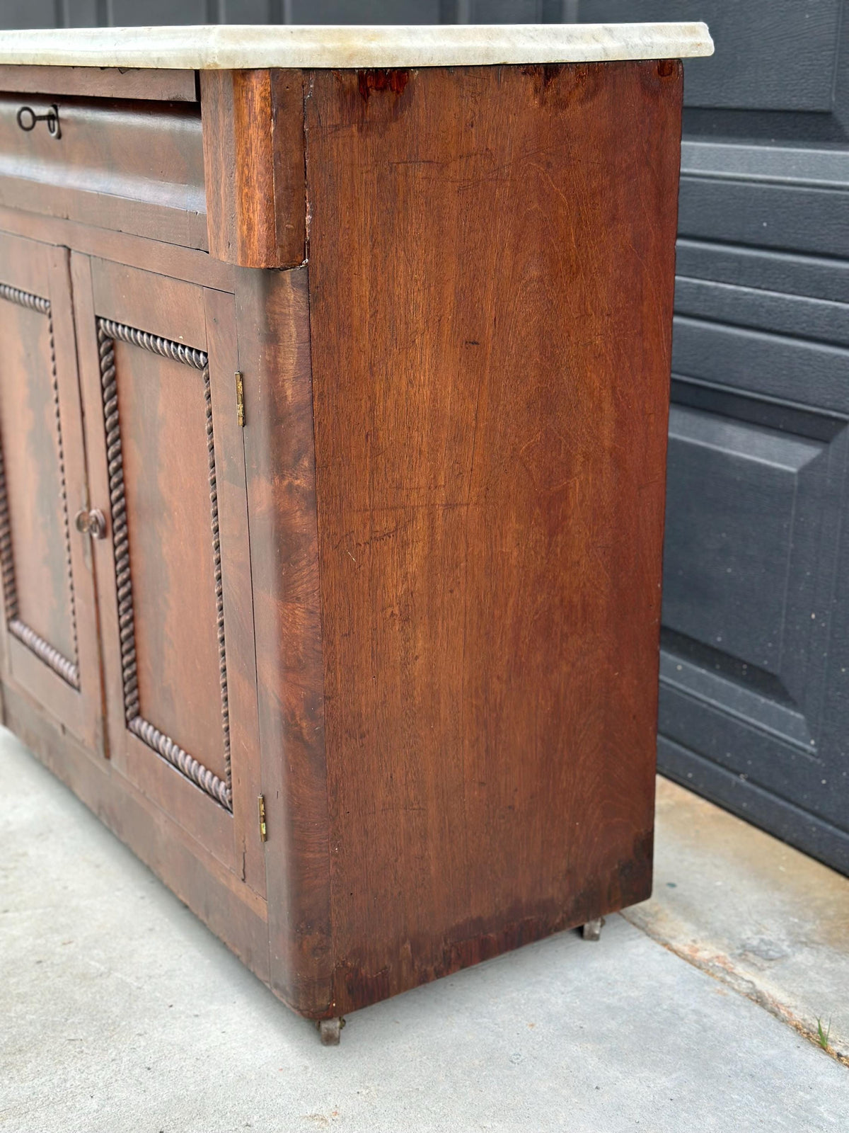 Antique Mid-19th C Marble Top Flame Mahogany Cabinet on Brass Casters (30" Wide)