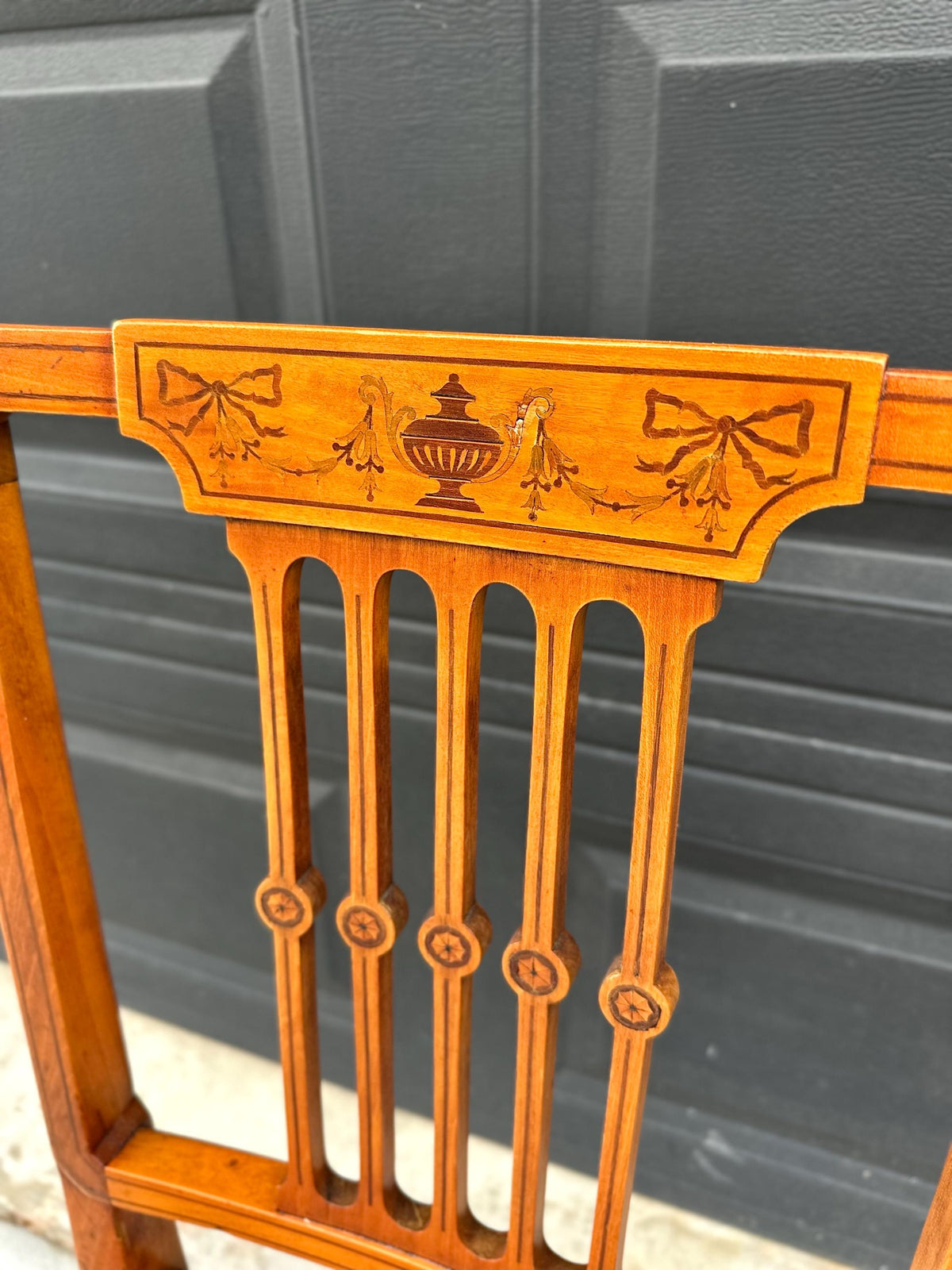 Antique Late 19th C Edwardian Sheraton Inlaid Yew Wood Upholstered Chair 18" Wide