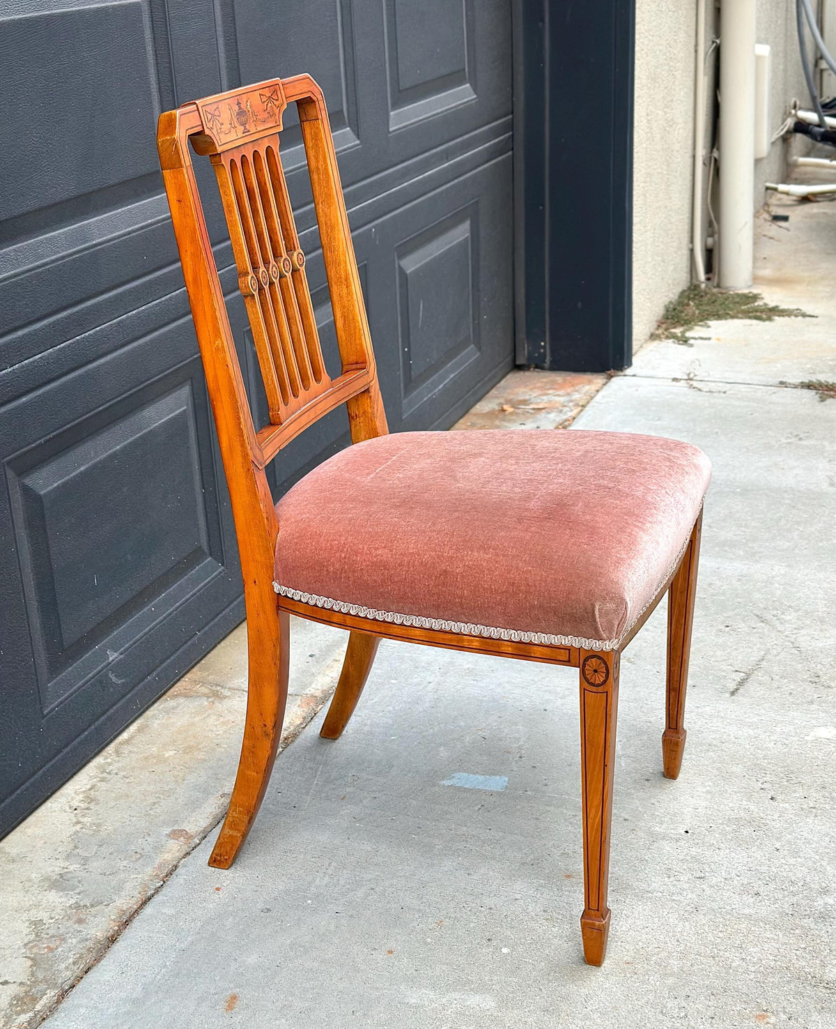 Antique Late 19th C Edwardian Sheraton Inlaid Yew Wood Upholstered Chair 18" Wide