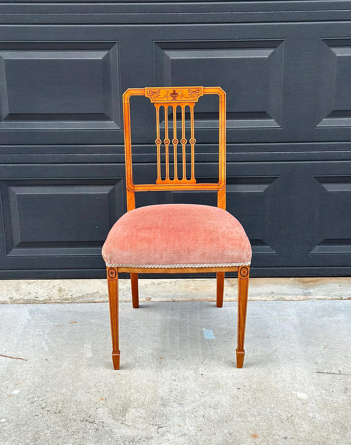 Antique Late 19th C Edwardian Sheraton Inlaid Yew Wood Upholstered Chair 18" Wide