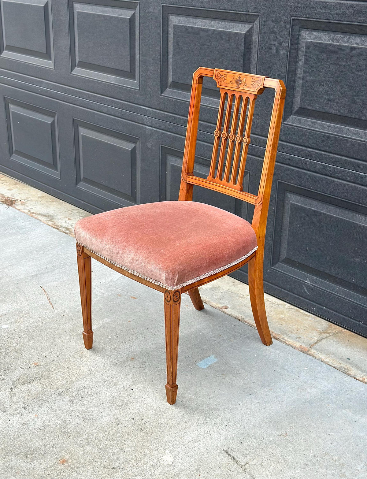 Antique Late 19th C Edwardian Sheraton Inlaid Yew Wood Upholstered Chair 18" Wide