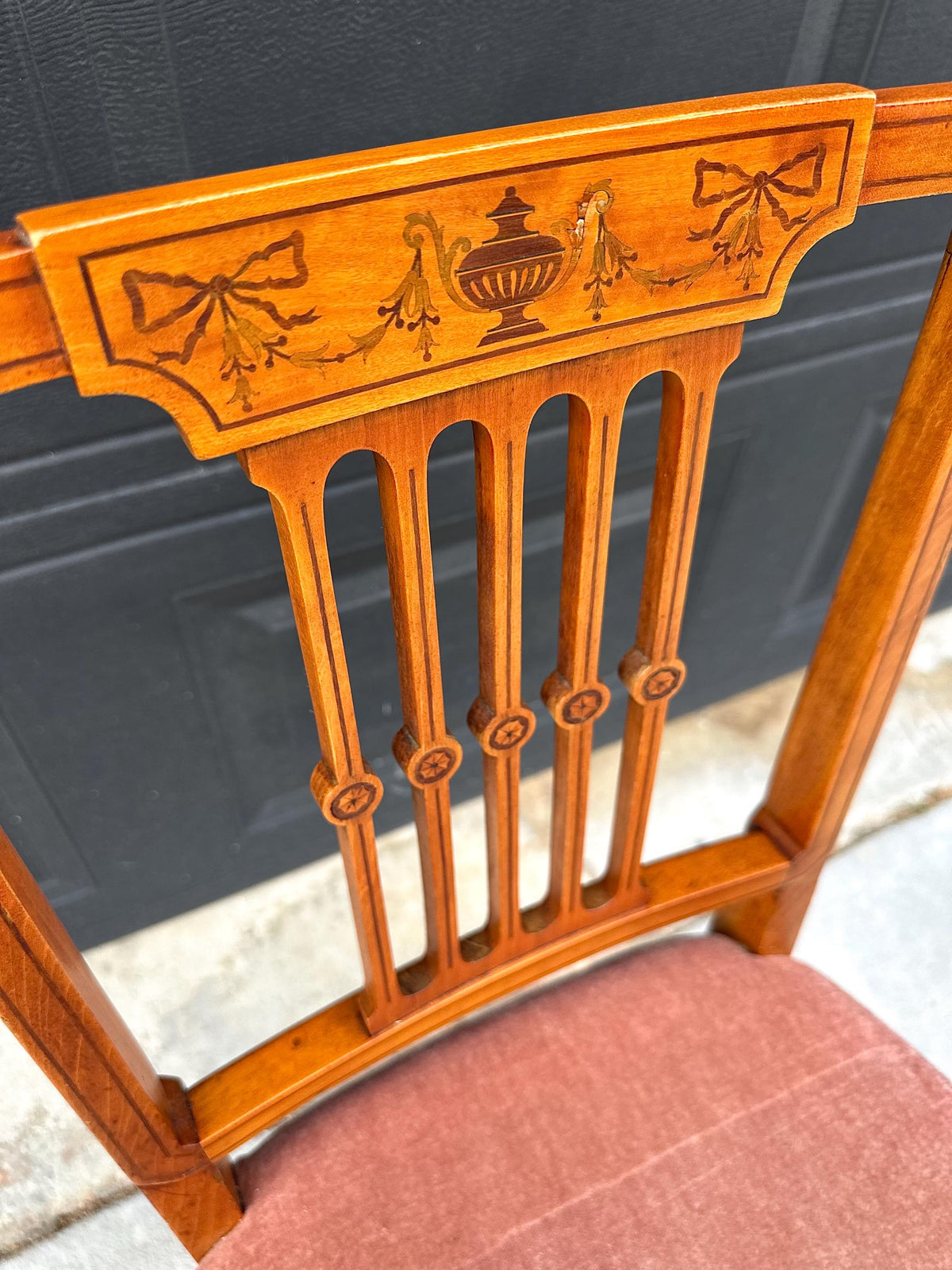 Antique Late 19th C Edwardian Sheraton Inlaid Yew Wood Upholstered Chair 18" Wide