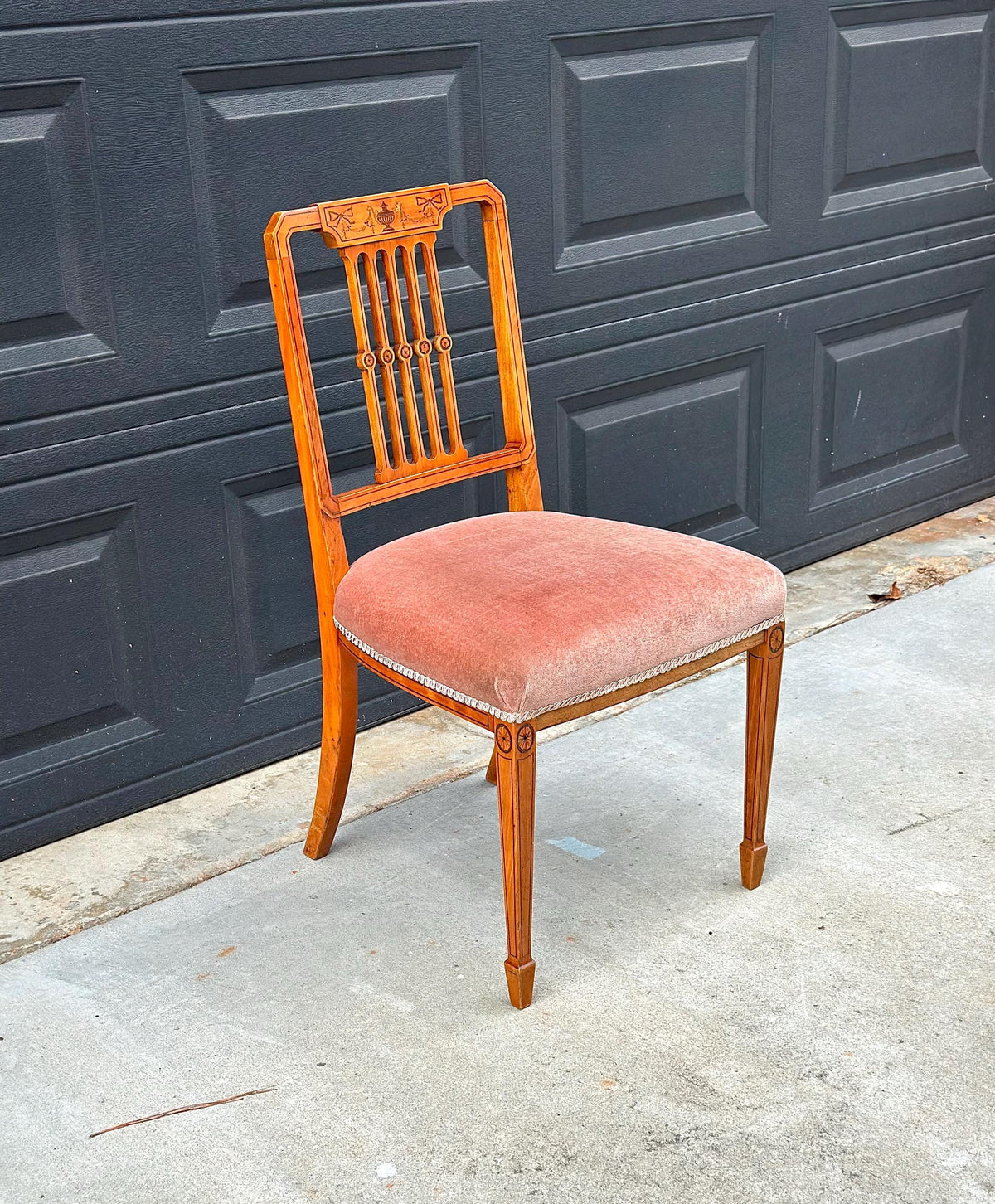 Antique Late 19th C Edwardian Sheraton Inlaid Yew Wood Upholstered Chair 18" Wide