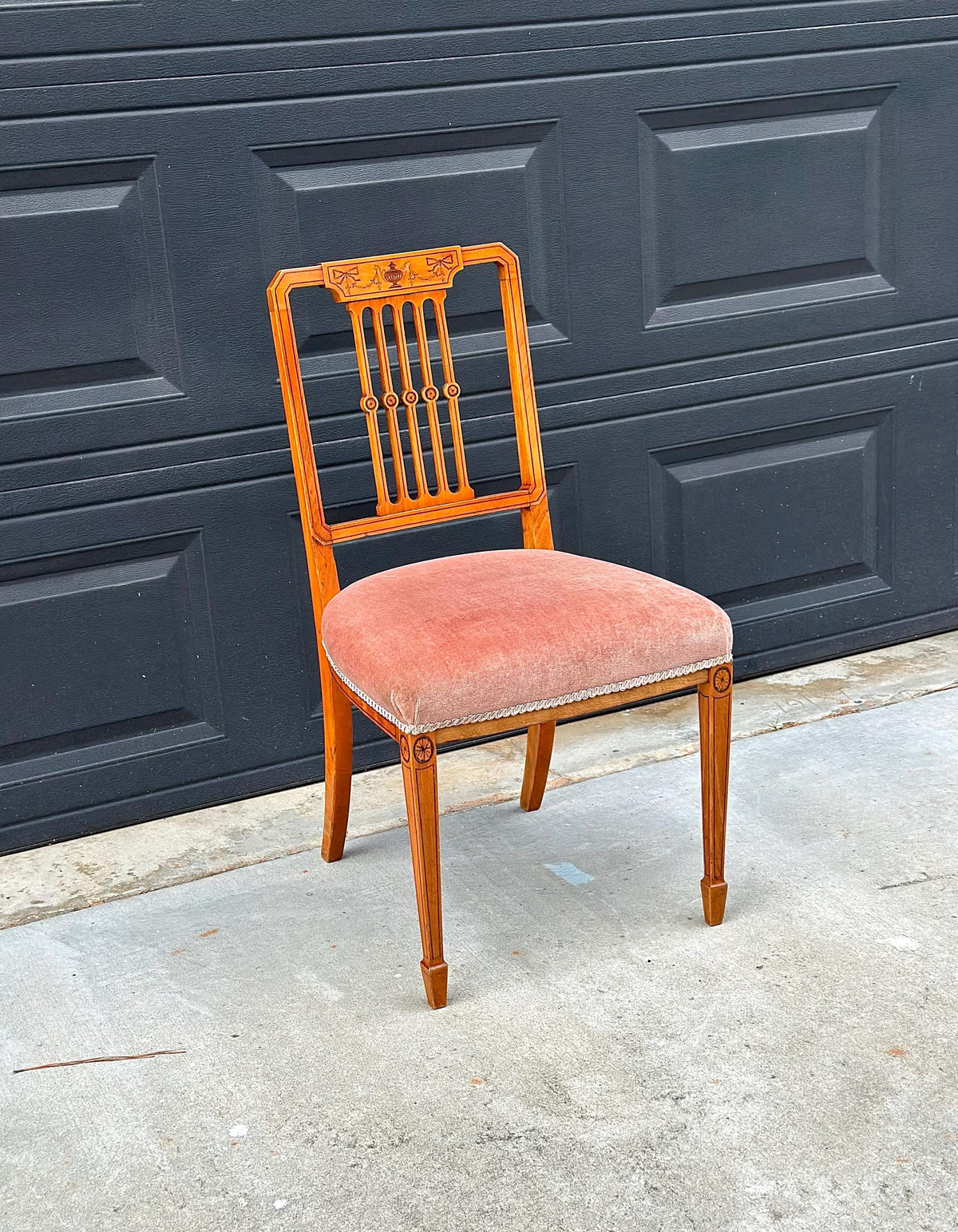 Antique Late 19th C Edwardian Sheraton Inlaid Yew Wood Upholstered Chair 18" Wide